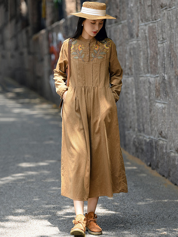 Vintage A-Line Loose Embroidered Stand Collar Midi Dresses