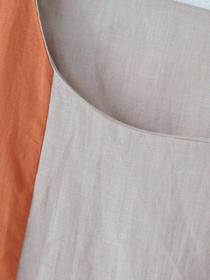 Original Linen Split-Joint Contrast Color Round-Neck Batwing Sleeve Midi Dress