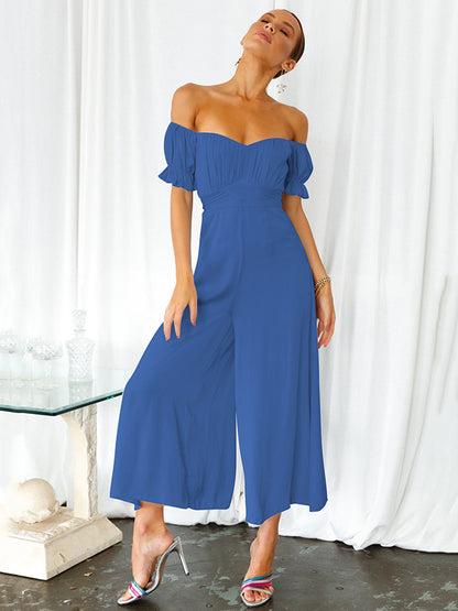 13 Colors Puff Sleeves Solid Color Cold Shoulder Wide Leg Jumpsuits