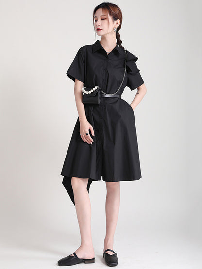 Stylish Irregular Split-Joint Falbala Buttoned Lapel Collar Short Sleeves Midi Dress