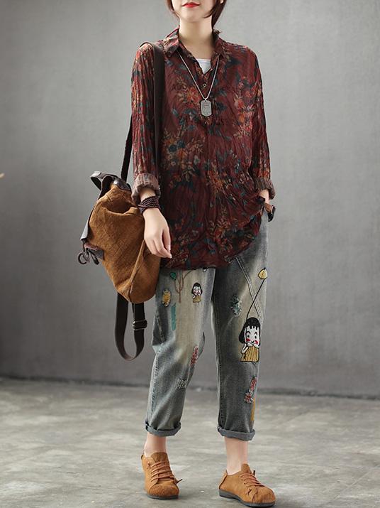 High-low Vintage Loose Printed Blouse Top