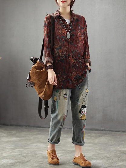 High-low Vintage Loose Printed Blouse Top