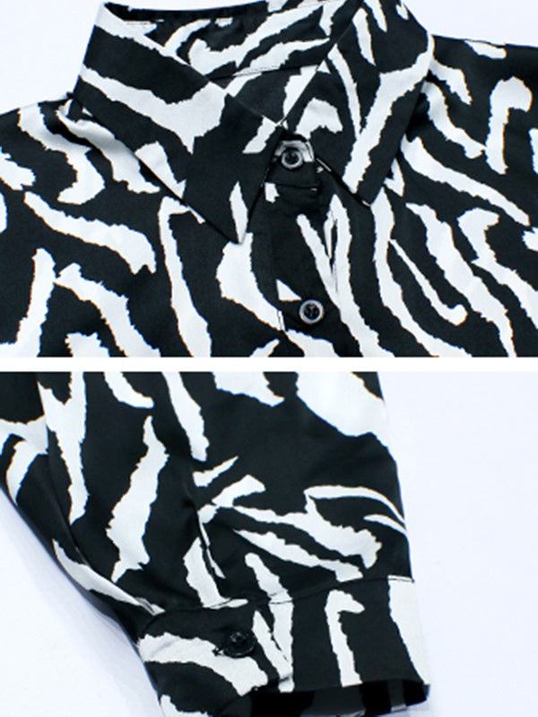 Stylish Printed Buttoned Batwing Sleeve Lapel Blouse Tops