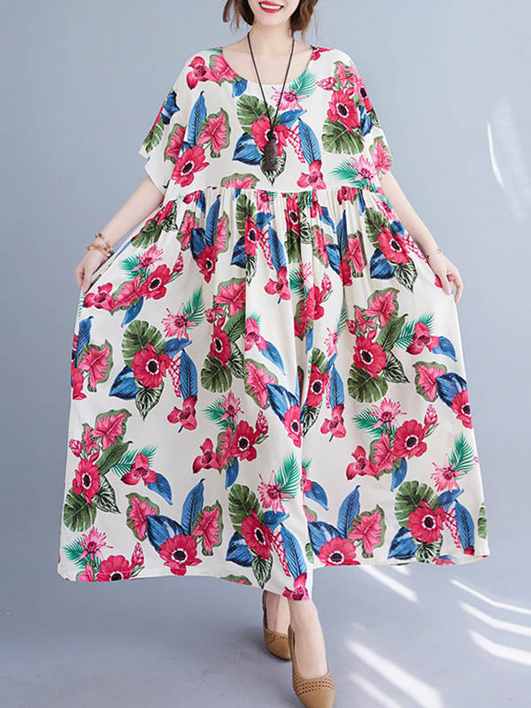 Artistic Retro Loose Floral Printed Pleated Round-Neck Half Sleeves Midi Dress