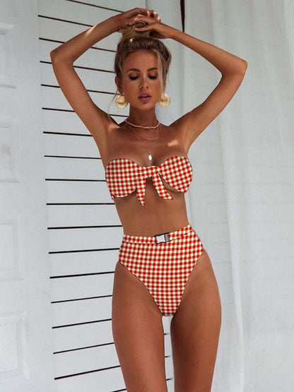 Leopard Print Bowknot High Waisted Bikini Swimsuit