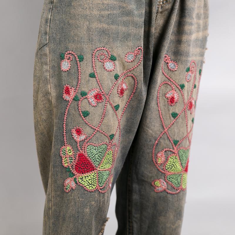 Embroidered Plant Worn Drawstring Nostalgic Jeans