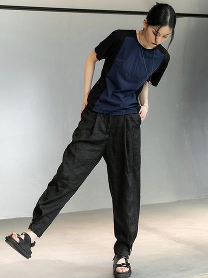 Stylish Split-Joint Black&Blue Back-Pleats Short Sleeves T-Shirt