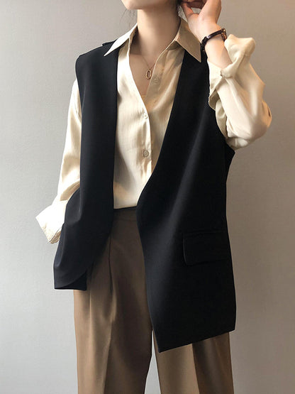 Urban Solid Color Split-Joint With Pocket Split-Back V-Neck Sleeveless Vest Outwear