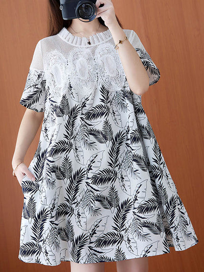 Stylish Linen Printed Split-Joint Round-Neck Lace Short Sleeves Mini Dress