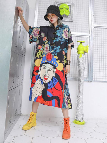 Casual Retro Printed Loose Midi Dress