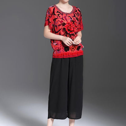 Casual Floral Round Neck And Wide Leg Pants