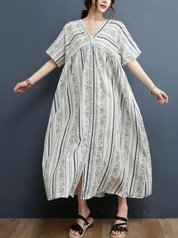 Floral Printed Casual V-Neck Buttoned Midi Dress