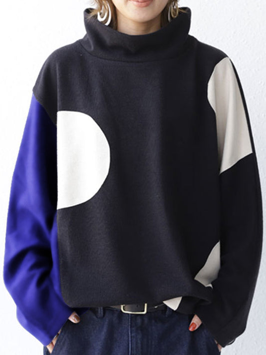 Original Casual Loose Split-Joint Color Matching Polka-Dot High-Neck Long Sleeves T-Shirt Tops
