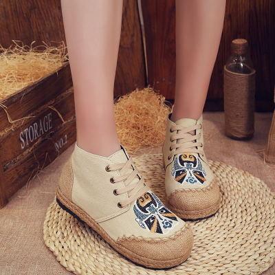 Ethnic style handmade straw flat round linen comfortable breathable shoes