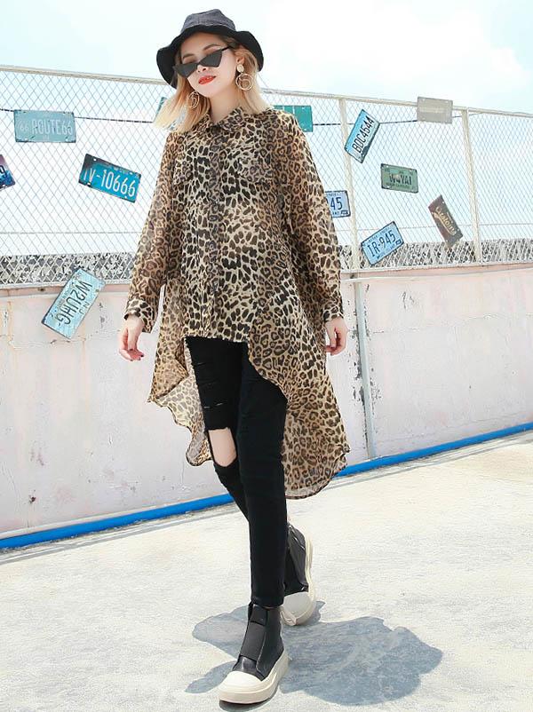 Leopard Chiffon Loose High-low Light Shirt Top