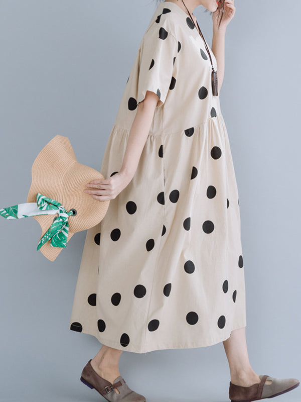 Simple Asymmetric Polka-Dot V-Neck Loose Short Sleeves Midi Dress