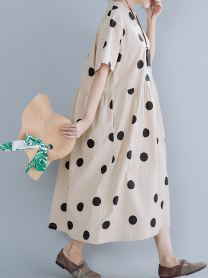Simple Asymmetric Polka-Dot V-Neck Loose Short Sleeves Midi Dress