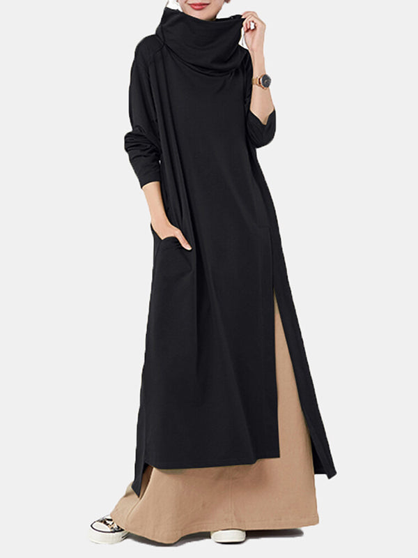 Casual Solid Color Split-Side Heaps Collar Long Sleeves Midi Dress