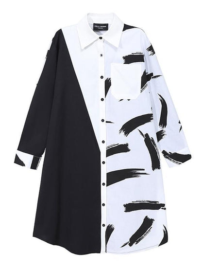 Long Split-Joint Lapel Printed Sleeve Midi Dress
