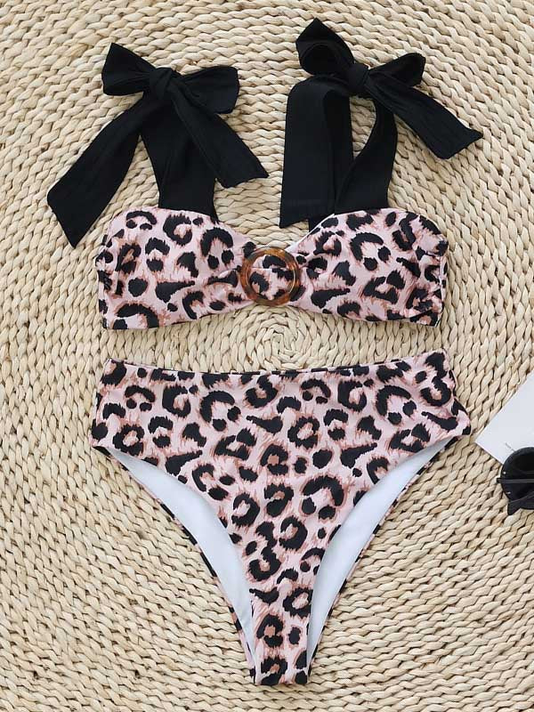 Leopard Printed High-Waisted Bowknot Bikini Swimwear
