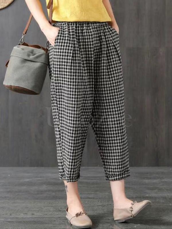 Vintage Ramie Cotton Plaid Capri Harem Pants