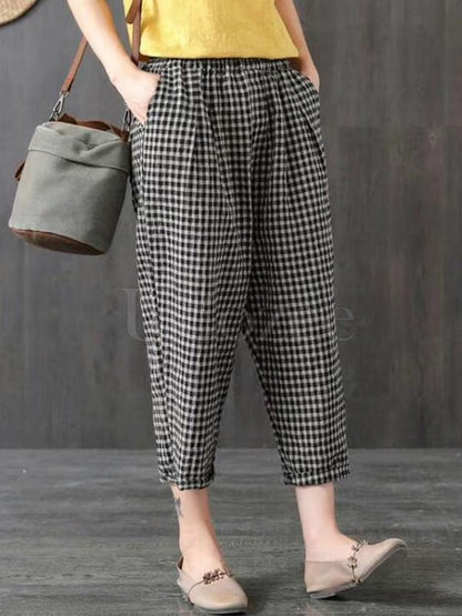 Vintage Ramie Cotton Plaid Capri Harem Pants