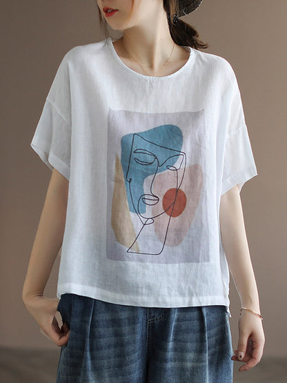 Original Linen Cartoon Printed Short Sleeve T-Shirts Tops