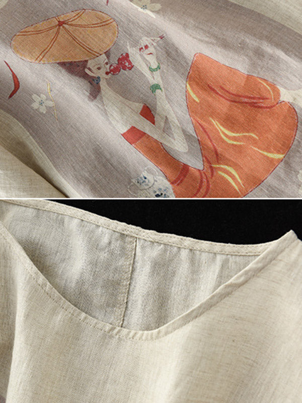 Ramie Cotton Printing Round-Neck T-Shirts Tops