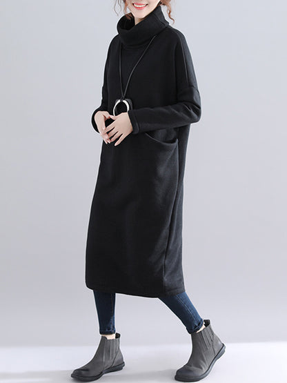 Simple Solid Color With Pocket High-Neck Long Sleeves Sweatshirt Dress