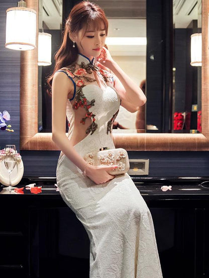 Chinese Oriental Style Laced White Evening Dress