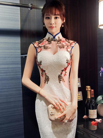 Chinese Oriental Style Laced White Evening Dress