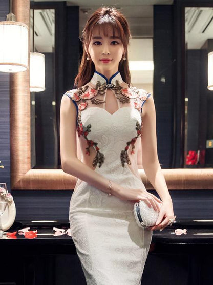 Chinese Oriental Style Laced White Evening Dress
