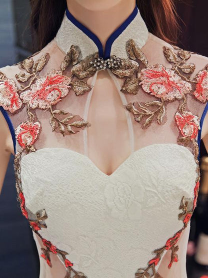 Chinese Oriental Style Laced White Evening Dress