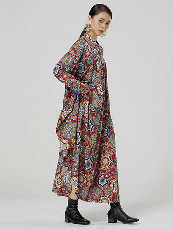 National Floral Printed Buttoned Pleated Stand Collar Long Sleeves Midi Dress
