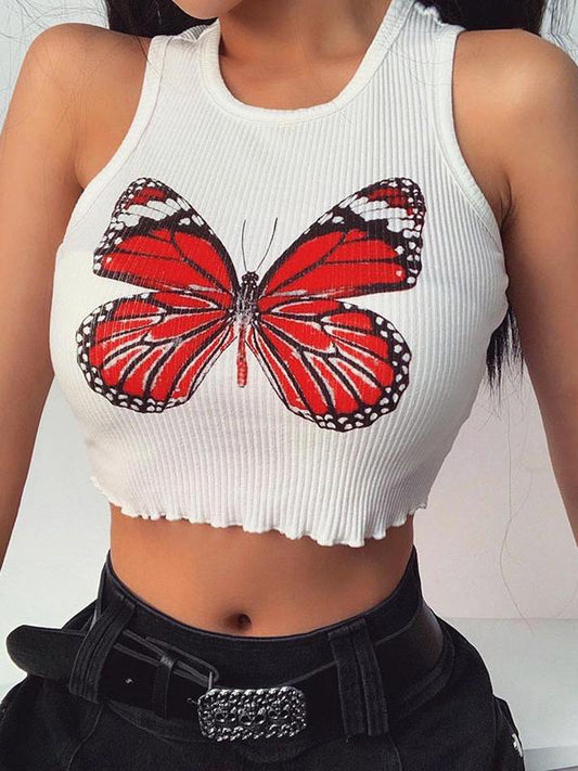 Fashion Butterfly Printed Wrap Sleeveless Vest Top