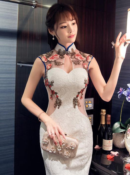 Chinese Oriental Style Laced White Evening Dress