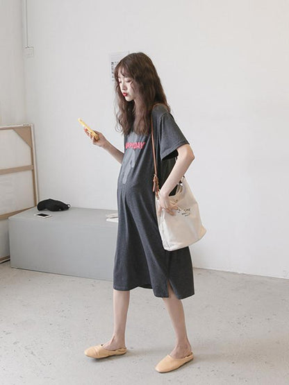 Maternity Printed Short Sleeves Round-neck Midi Dress