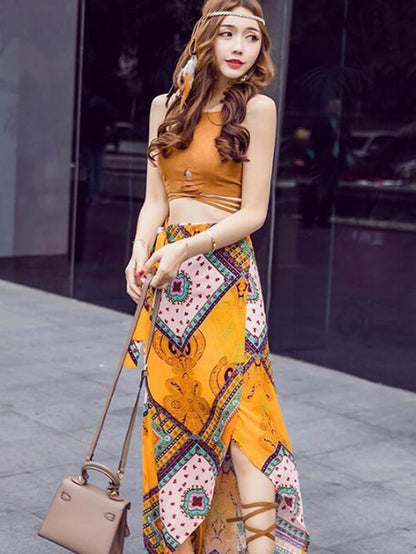Bohemia Two-piece Brown Halterneck Tank-Top Long Asymmetric Skirt