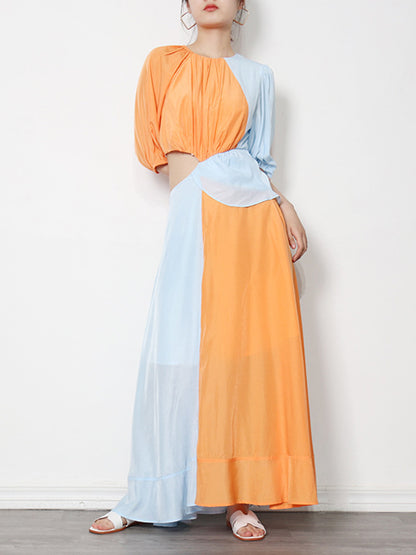 Stylish Contrast Color Split-Joint Round-Neck Raglan Sleeve Maxi Dress