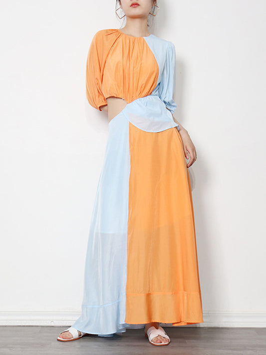 Stylish Contrast Color Split-Joint Round-Neck Raglan Sleeve Maxi Dress