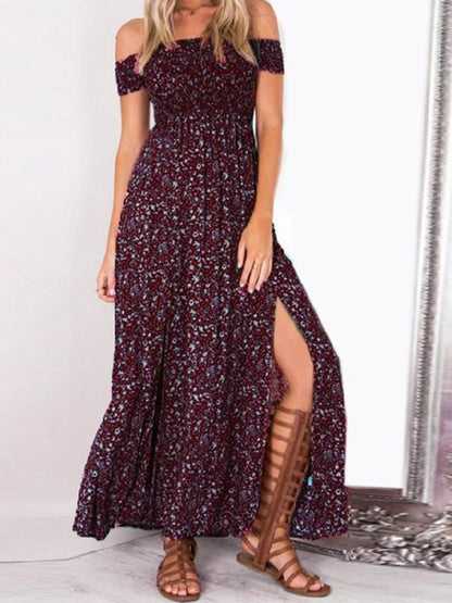 Beautiful Polka-dot Off Shoulder Side Split Maxi Dress