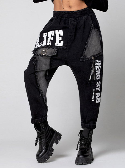 Original Split-Joint Letter Print Harem Pants Jean Pants