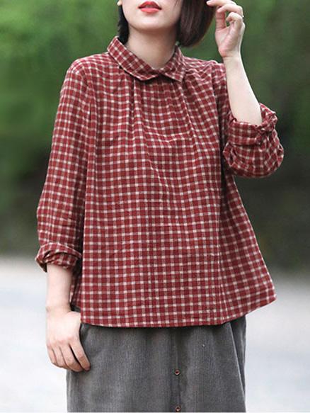 Linen Back-button Plaid Loose Blouse Top