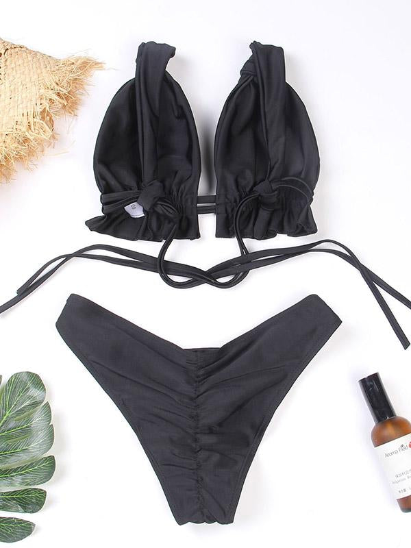 Solid Color Knotted Split Bikini Swimsuit