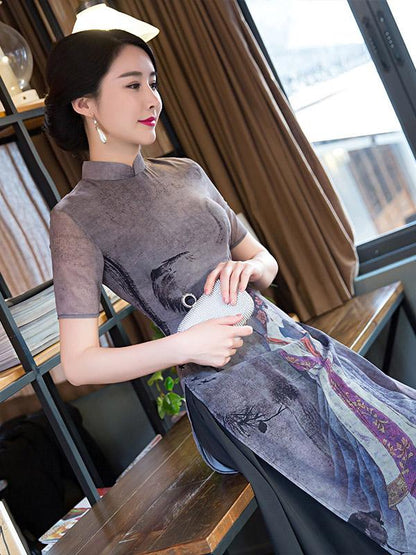Vintage Print Stand-collar Ao Dai Long Cheongsam