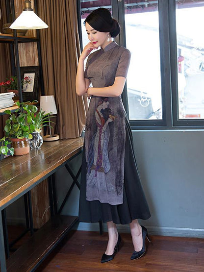 Vintage Print Stand-collar Ao Dai Long Cheongsam