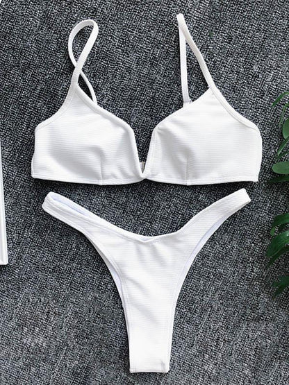 V-Neck Solid Color Split Bikini Swimsuit