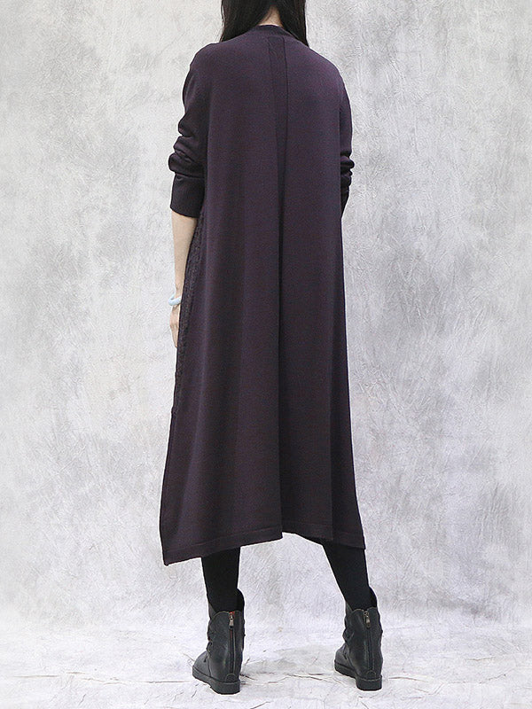 Artistic Retro Solid Color Split-Joint Embroidered High-Neck Long Sleeves Knitted Sweater Dress