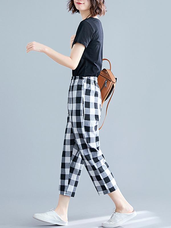 Loose Straight Leg Plaid Harem Pants