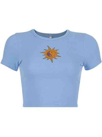 Wrap Embroidered Round-neck T-shirt Top